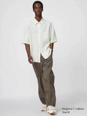 Erkek Premium Linen Oversized Gömlek | Kısa Kollu | Çizgili