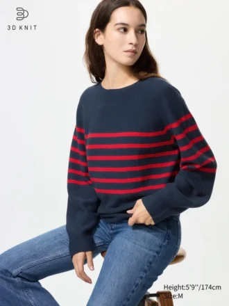 Kadın 3D Knit Pamuklu Bol Kolları Olan Kazak | Çizgili