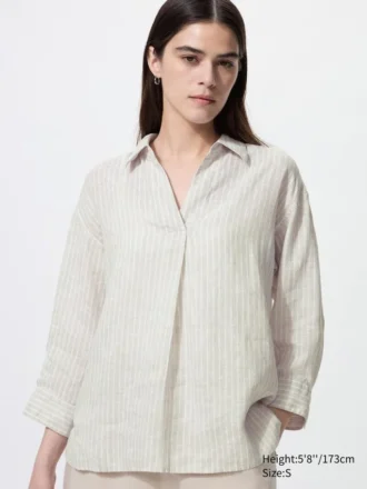 Kadın Premium Linen Skipper Yaka 3/4 Kollu Gömlek | Çizgili