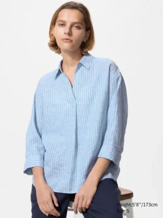 Kadın Premium Linen Skipper Yaka 3/4 Kollu Gömlek | Çizgili