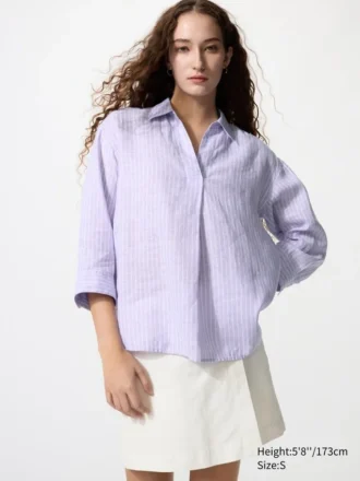 Kadın Premium Linen Skipper Yaka 3/4 Kollu Gömlek | Çizgili