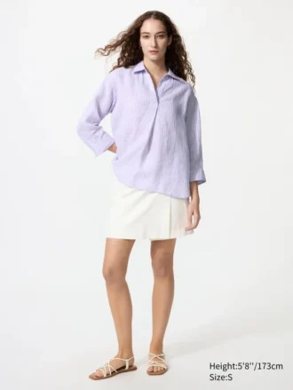 Kadın Premium Linen Skipper Yaka 3/4 Kollu Gömlek | Çizgili