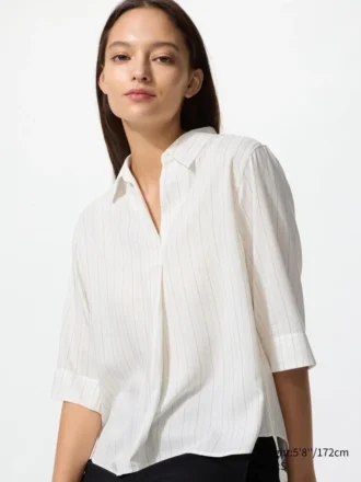 Kadın Rayon Skipper Yaka 3/4 Kollu Bluz | Çizgili