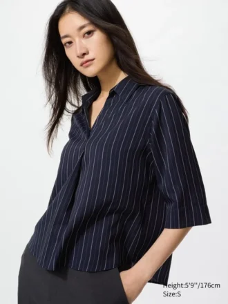 Kadın Rayon Skipper Yaka 3/4 Kollu Bluz | Çizgili