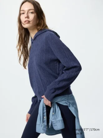 Kadın Yıkanabilir Örgü Kablo Desenli Kapüşonlu Sweatshirt
