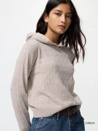 Kadın Yıkanabilir Örgü Kablo Desenli Kapüşonlu Sweatshirt
