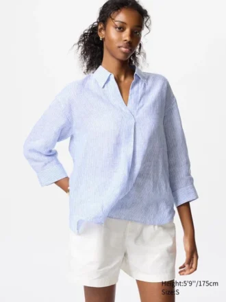 Kadınlar İçin Premium Linen Skipper Yaka Gömlek | Çizgili